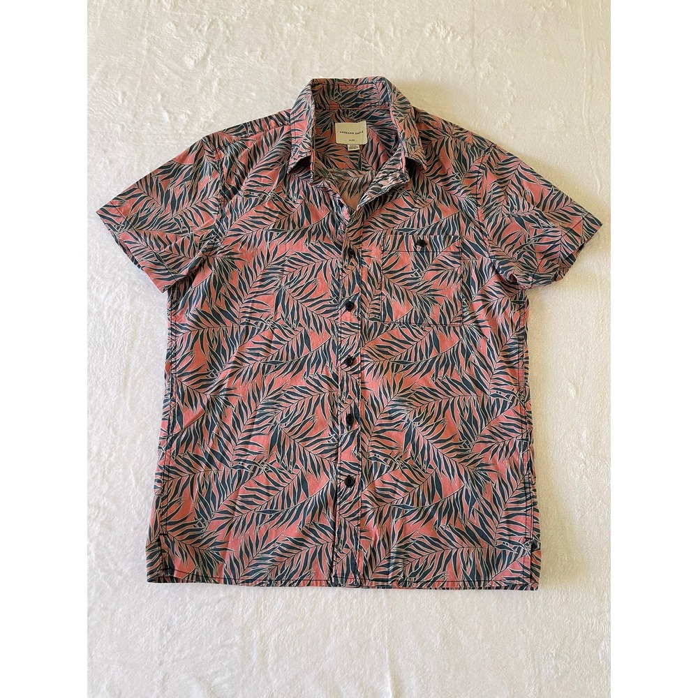 American Eagle Flex Mens Small Tropical Palm Leaf Short Sleeve Button Up Shirt